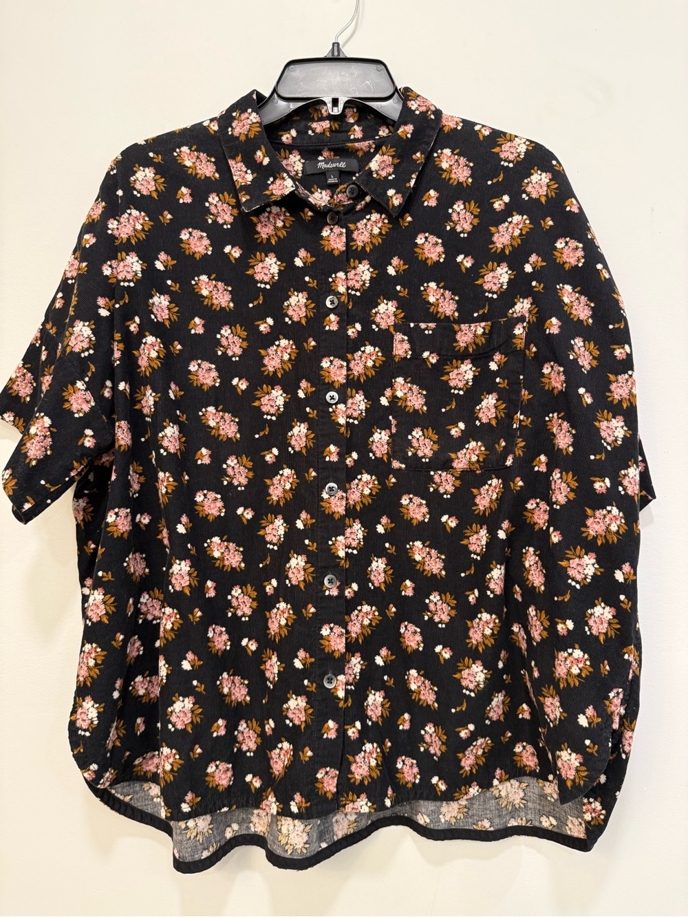 Madewell Black Short-Sleeve Button-Down Shirt with Pink Floral Print